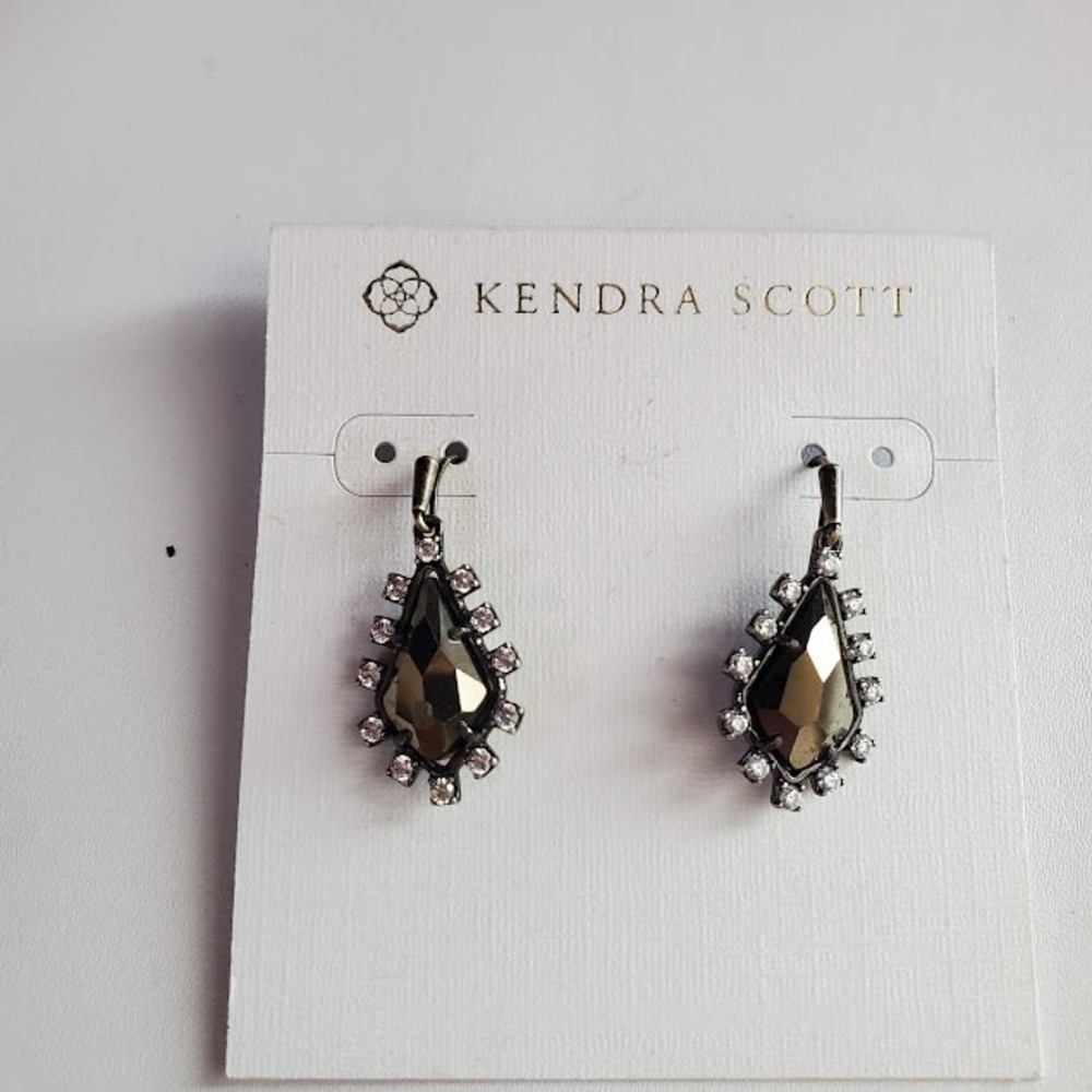 Kendra Scott Bronze Tone Drop Earrings Bronze Dangle Clear Crystals Edgy - Picture 7 of 7